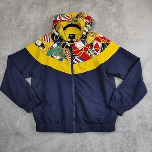 Mens Zip Up Hooded Windbreaker Jacket Blue Color Block Flag Nautical Yacht Club